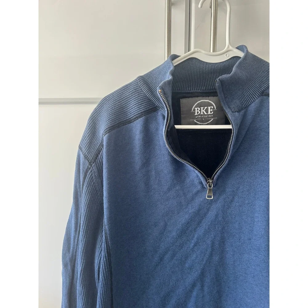 BKE Athletic Fit Mens Blue Quarter Zip Pullover Sweater Size Large Ribbed‎ Knit